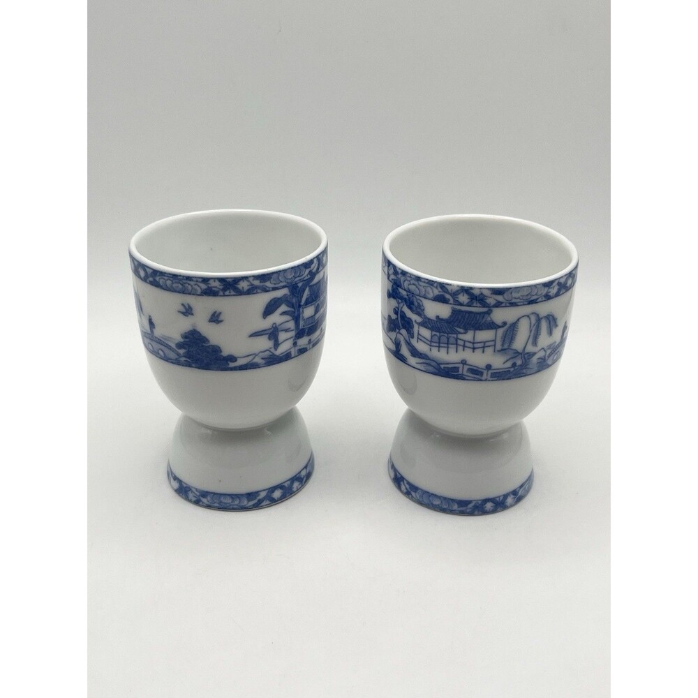 Vintage Royal Satsuma Nippon Blue White Egg Cups Japan Porcelain Set of 2 Used - Picture 2 of 6